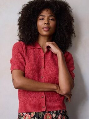 LC Lauren Conrad Short-Sleeve Pointelle elegant Cardigan Sweater